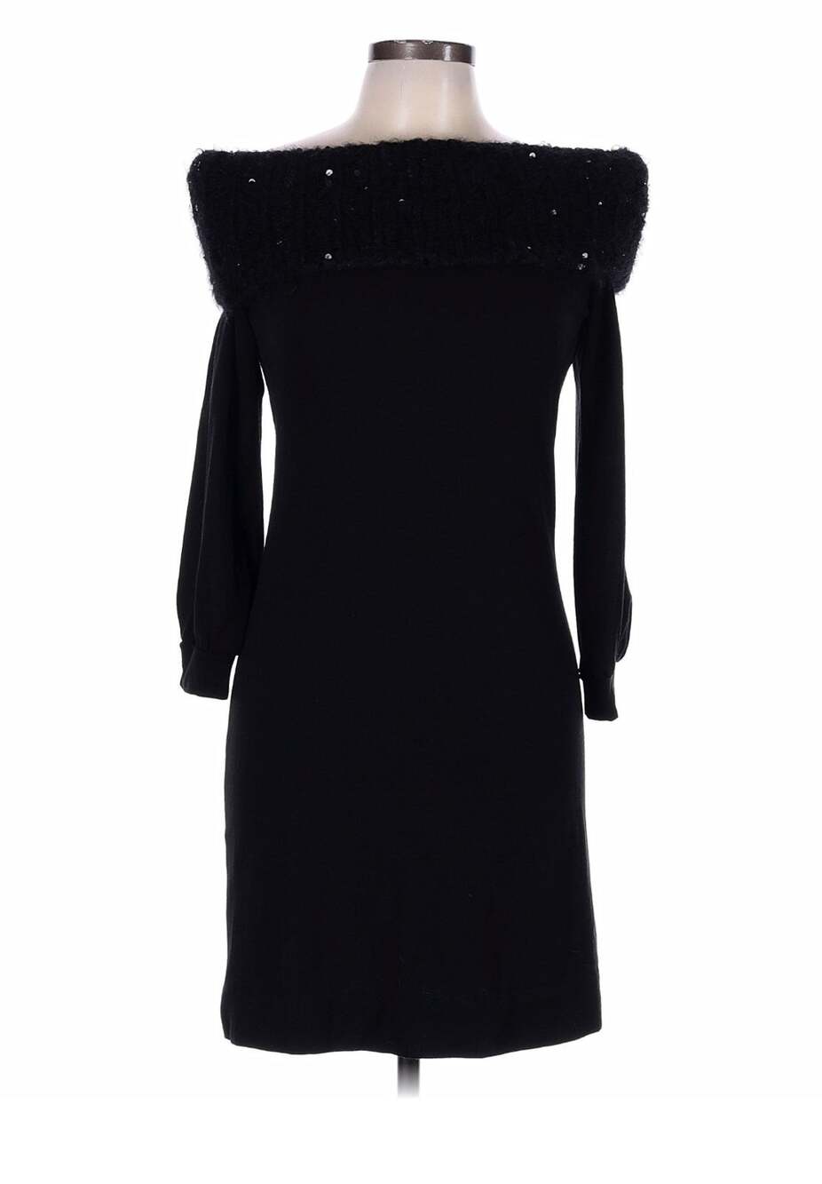 $3266 Brunello Cucinelli Black Virgin Wool Sequin Trim Off-Shoulder Dress L